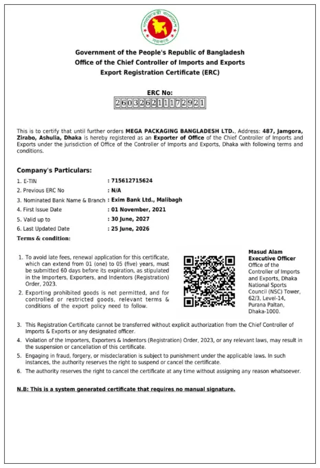 Export Registration Certificate (ERC) of Mega Packaging Bangladesh Limited issued by the Office of the Chief Controller of Imports and Exports